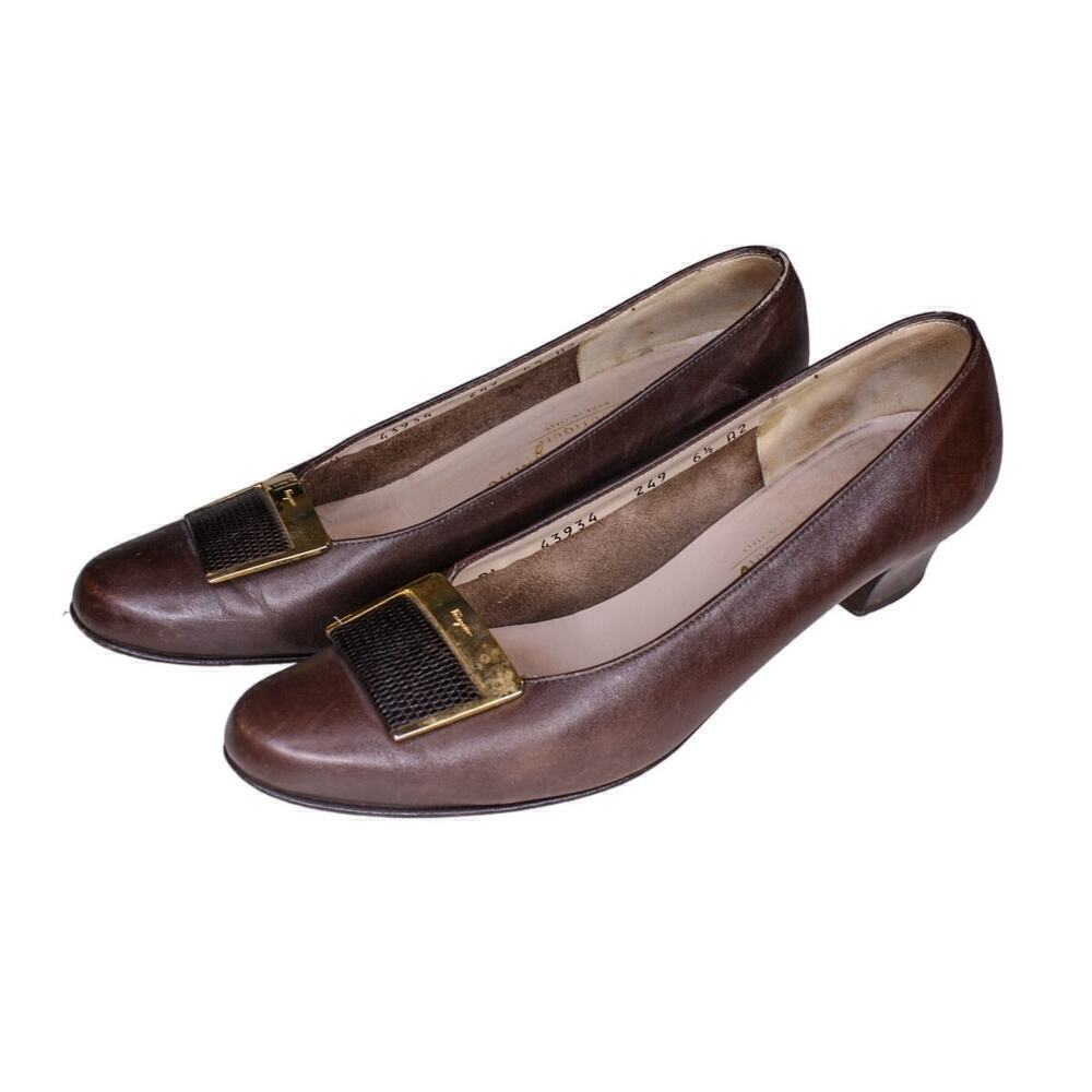 Salvatore Ferragamo Brown Leather Mid Heel Pumps with Gold Accent